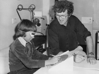 Don Mitchell tests a treatment for amblyopia research project.