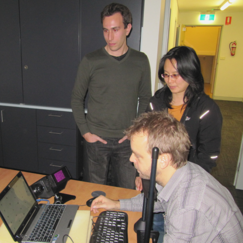 Alex Hadjinicolaou, Yu Shan Hung and Adam Morris testing a new psychophysics program.
